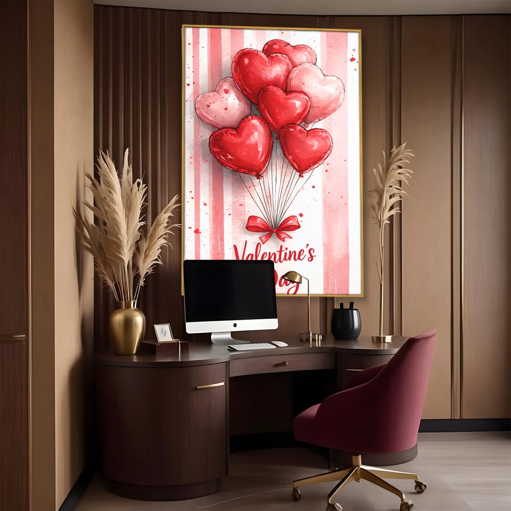 Tablou canvas cu illustratie verticala cu baloane rosii in forma de inima, in rama de aluminiu auriu, pe perete intr-un birou